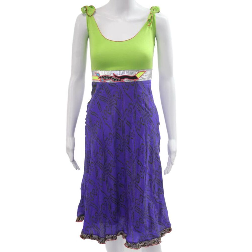 Tracy Feith Women Tank Dress Green Cotton Tie Round Neck Knee Length Size PP